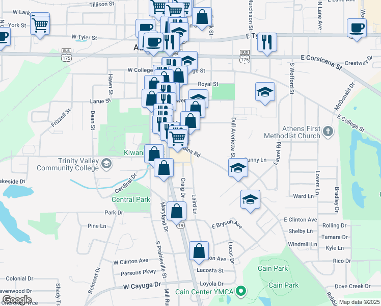 map of restaurants, bars, coffee shops, grocery stores, and more near 107 Laird Lane in Athens