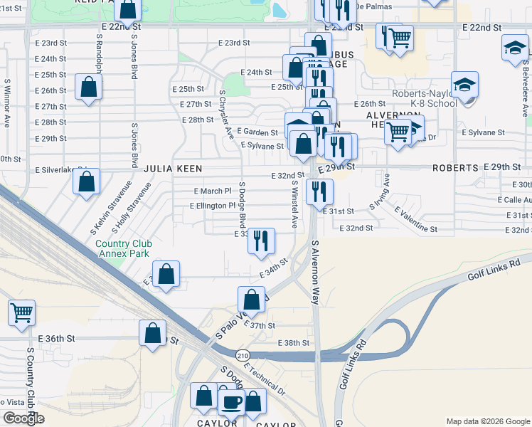 map of restaurants, bars, coffee shops, grocery stores, and more near 3718 East Ellington Place in Tucson
