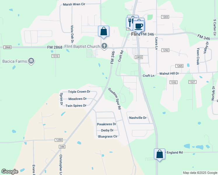 map of restaurants, bars, coffee shops, grocery stores, and more near 11115 FM 346 in Flint