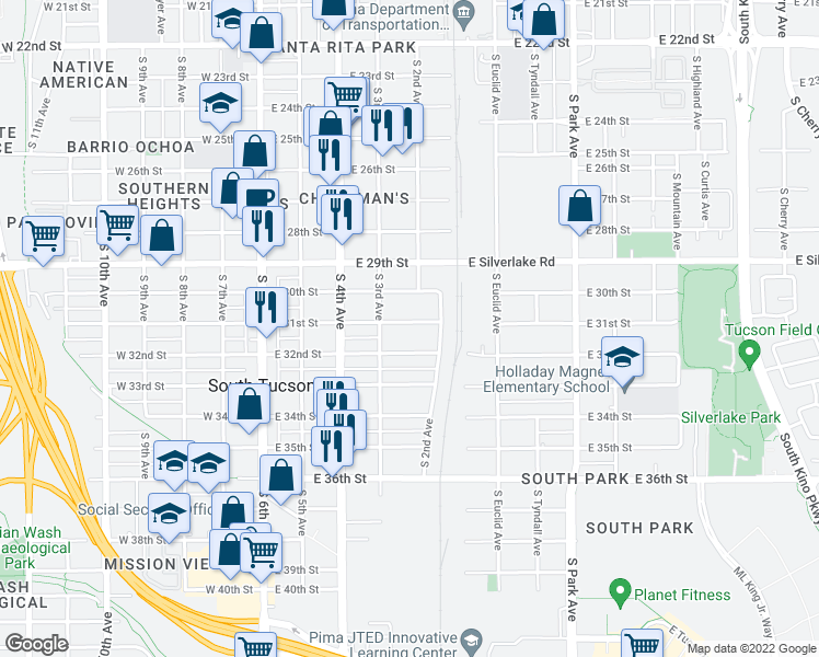map of restaurants, bars, coffee shops, grocery stores, and more near 438 East 31st Street in Tucson