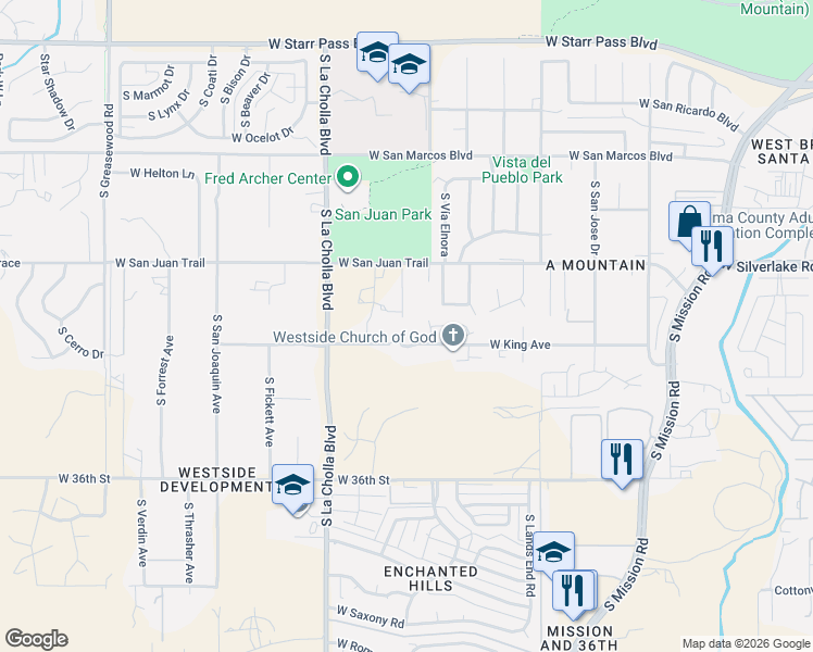 map of restaurants, bars, coffee shops, grocery stores, and more near 1960 West King Avenue in Tucson