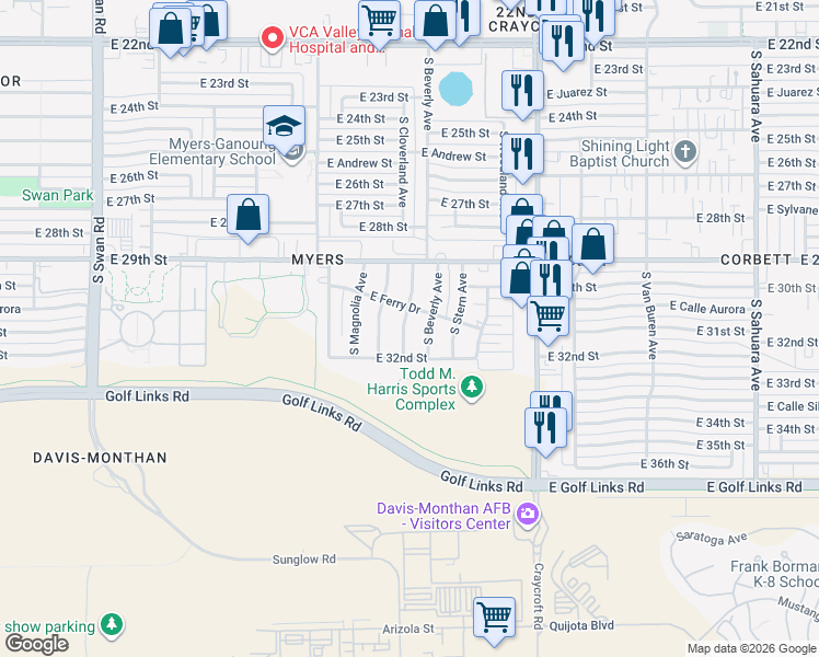 map of restaurants, bars, coffee shops, grocery stores, and more near 2021 South Cloverland Avenue in Tucson