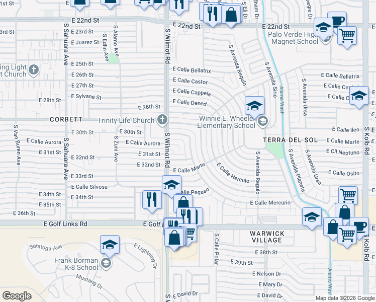 map of restaurants, bars, coffee shops, grocery stores, and more near 6420 East Calle Mercurio in Tucson