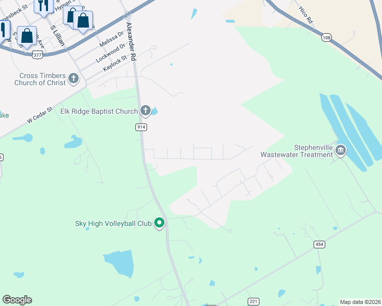 map of restaurants, bars, coffee shops, grocery stores, and more near 1739 Bull Elk Drive in Stephenville