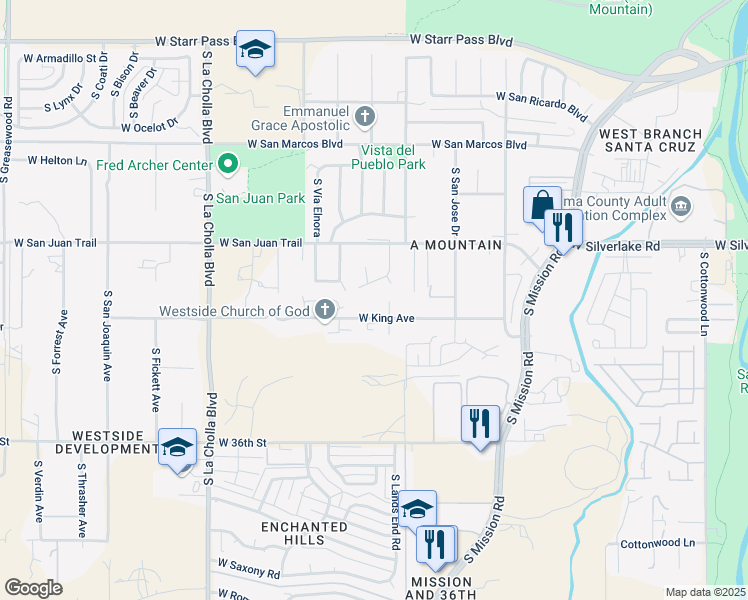 map of restaurants, bars, coffee shops, grocery stores, and more near 2047 South Rufus Drive in Tucson