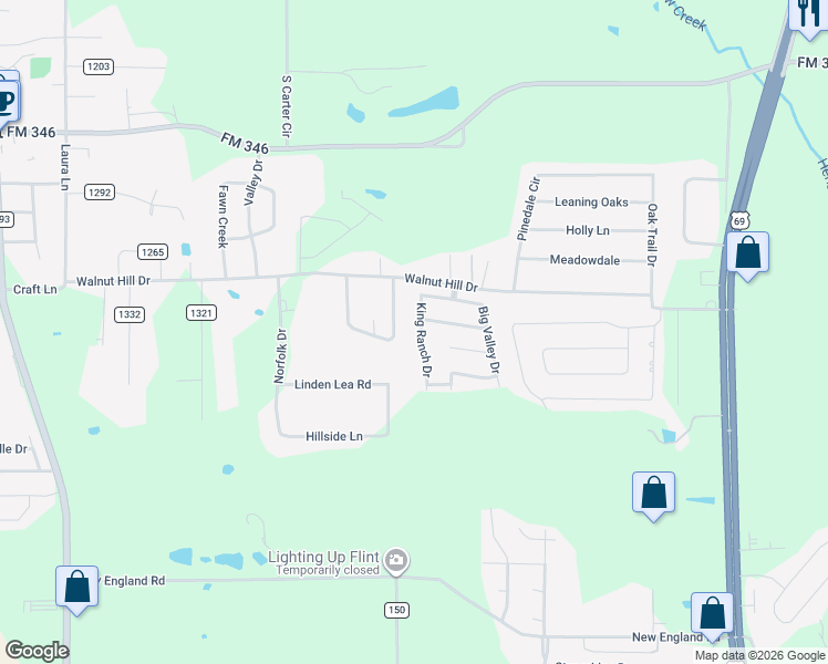 map of restaurants, bars, coffee shops, grocery stores, and more near 19382 King Ranch Drive in Flint