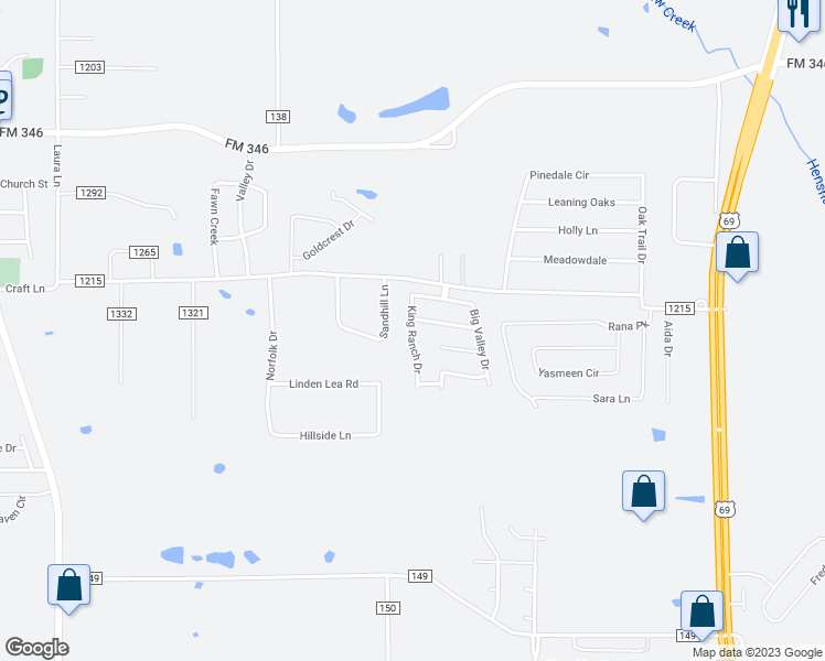 map of restaurants, bars, coffee shops, grocery stores, and more near 19437 King Ranch Drive in Flint