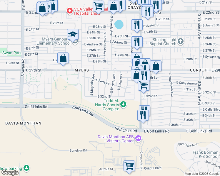 map of restaurants, bars, coffee shops, grocery stores, and more near 2021 South Cloverland Avenue in Tucson