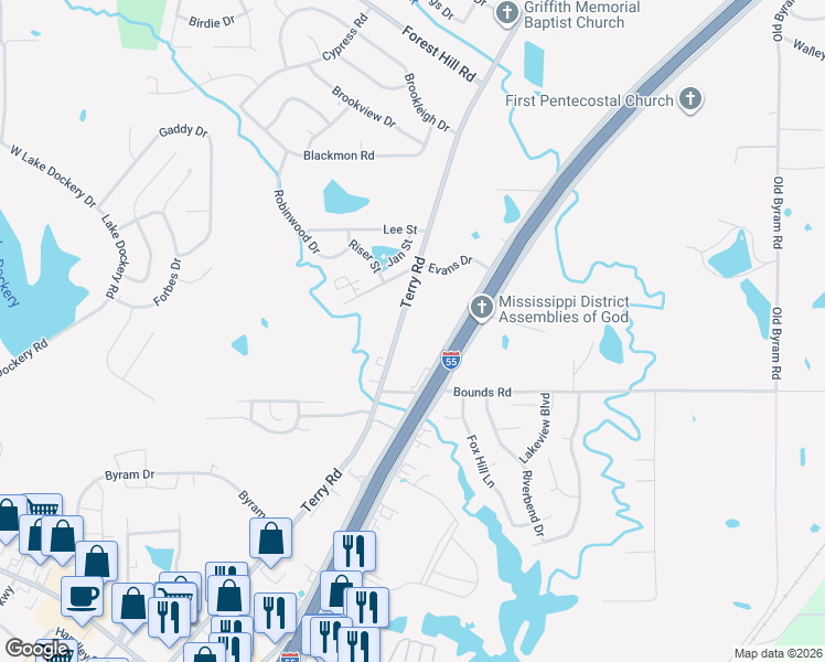 map of restaurants, bars, coffee shops, grocery stores, and more near 5552 Terry Road in Byram