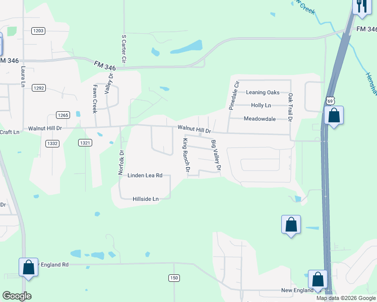 map of restaurants, bars, coffee shops, grocery stores, and more near 19381 King Ranch Drive in Flint