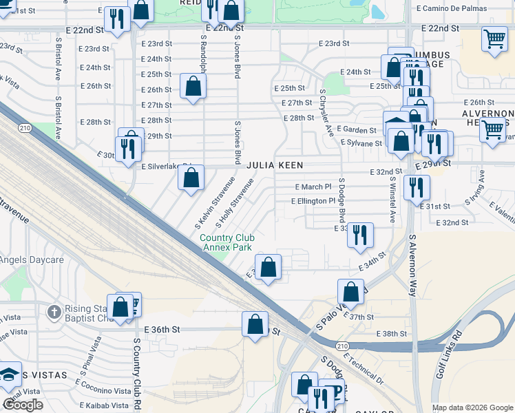 map of restaurants, bars, coffee shops, grocery stores, and more near 2049 South March Place in Tucson