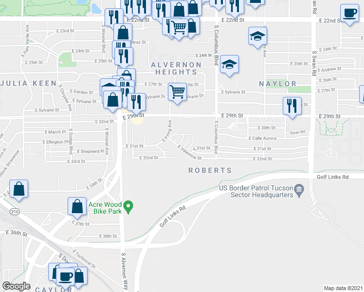map of restaurants, bars, coffee shops, grocery stores, and more near 4131 East Valentine Street in Tucson