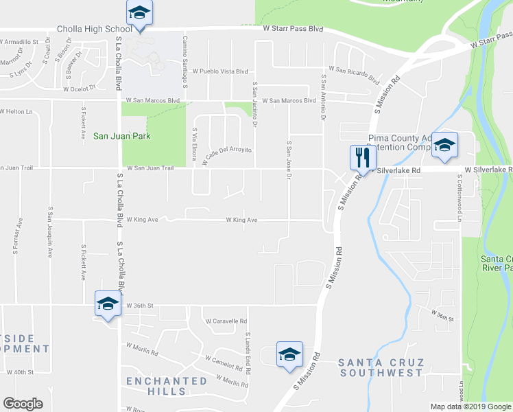map of restaurants, bars, coffee shops, grocery stores, and more near 2090 South Sylvester Drive in Tucson