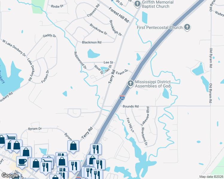 map of restaurants, bars, coffee shops, grocery stores, and more near 5552 Terry Road in Byram