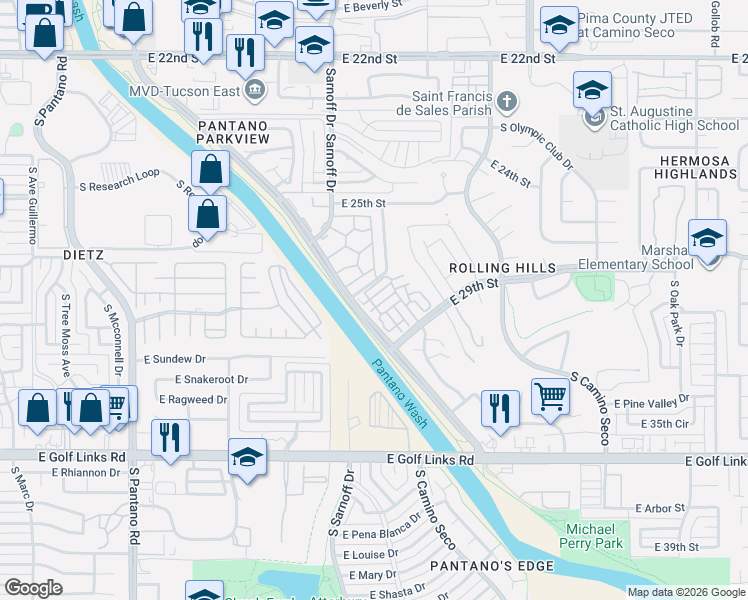 map of restaurants, bars, coffee shops, grocery stores, and more near 8334 East Cypress Point Lane in Tucson