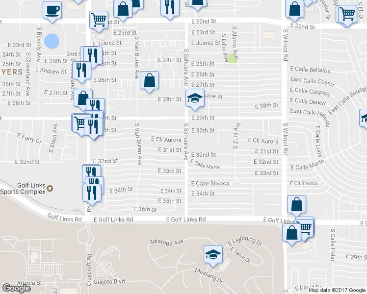 map of restaurants, bars, coffee shops, grocery stores, and more near 5859 East 31st Street in Tucson