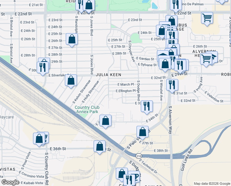 map of restaurants, bars, coffee shops, grocery stores, and more near 3538 East Ellington Place in Tucson