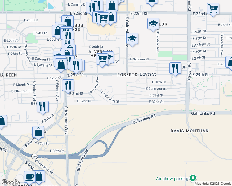 map of restaurants, bars, coffee shops, grocery stores, and more near 4221 East 31st Street in Tucson