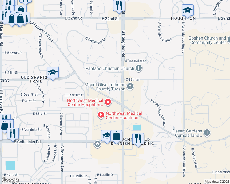 map of restaurants, bars, coffee shops, grocery stores, and more near 2053 South Aliso Spring Lane in Tucson