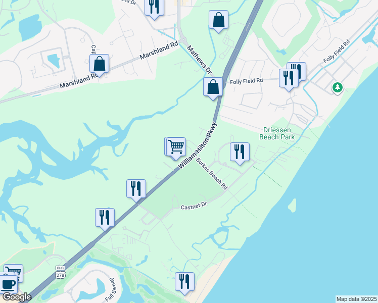 map of restaurants, bars, coffee shops, grocery stores, and more near 604 William Hilton Parkway in Hilton Head Island
