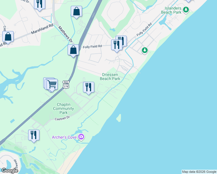 map of restaurants, bars, coffee shops, grocery stores, and more near 3 Urchin Manor in Hilton Head Island