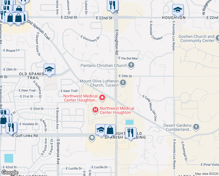 map of restaurants, bars, coffee shops, grocery stores, and more near 2053 South Aliso Spring Lane in Tucson