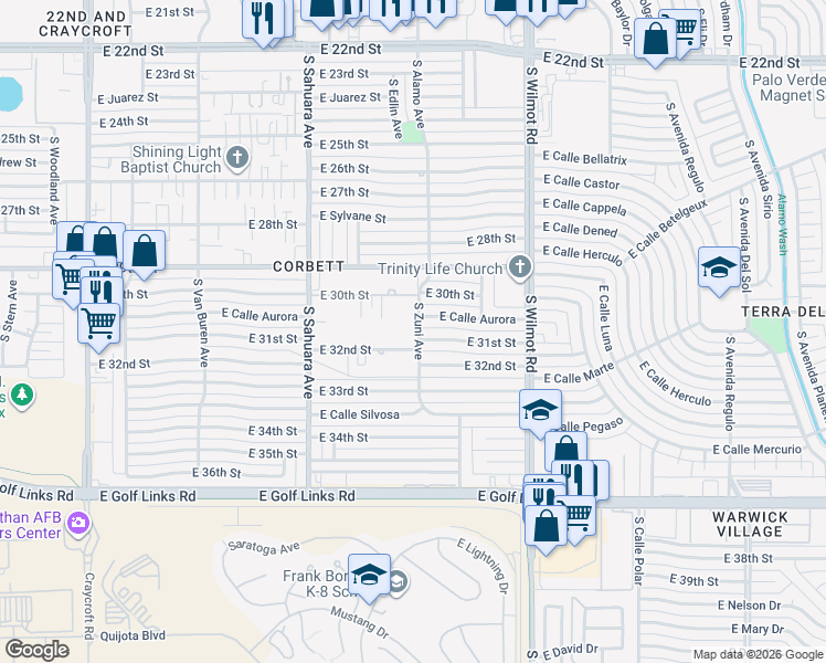 map of restaurants, bars, coffee shops, grocery stores, and more near 6101 East 31st Street in Tucson