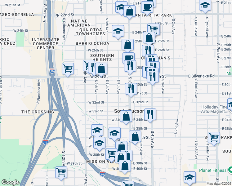 map of restaurants, bars, coffee shops, grocery stores, and more near 108 West 31st Street in Tucson