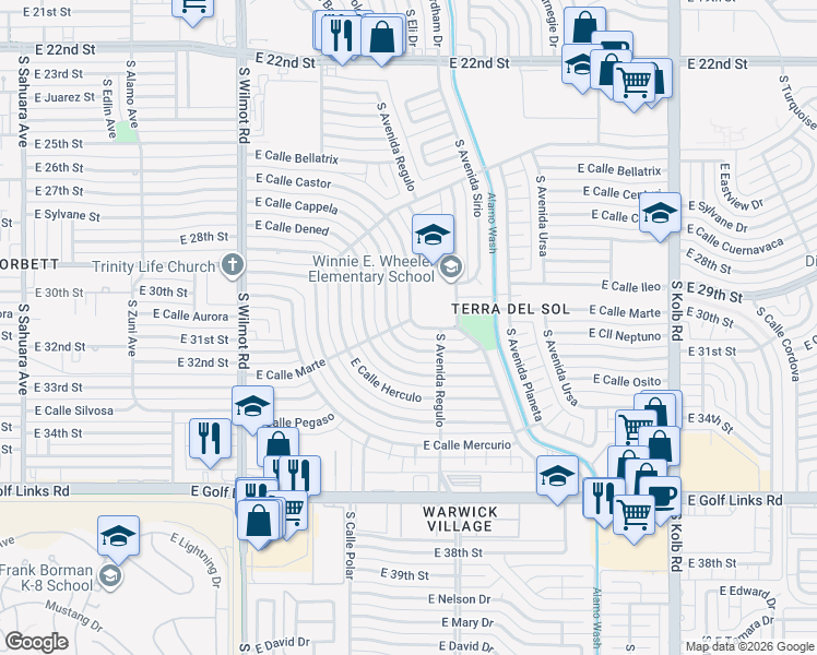 map of restaurants, bars, coffee shops, grocery stores, and more near 6602 East Calle Castor in Tucson
