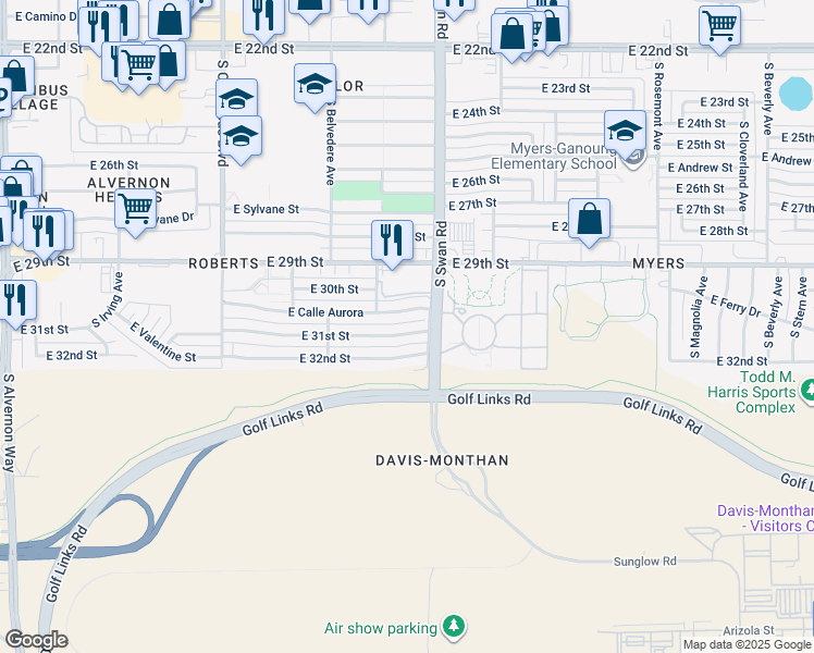 map of restaurants, bars, coffee shops, grocery stores, and more near 4641 East 31st Street in Tucson