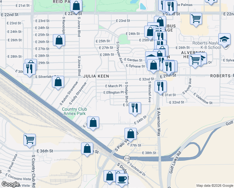 map of restaurants, bars, coffee shops, grocery stores, and more near 3662 East Ellington Place in Tucson
