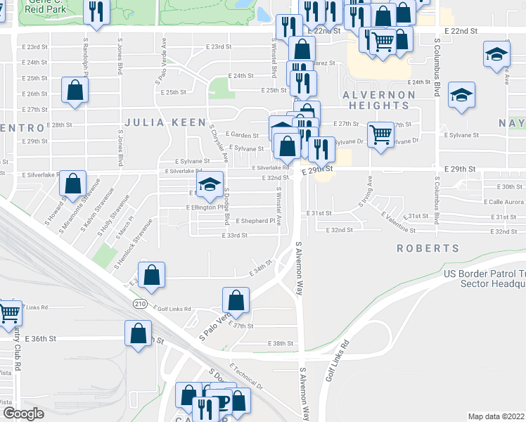 map of restaurants, bars, coffee shops, grocery stores, and more near 3762 East Ellington Place in Tucson