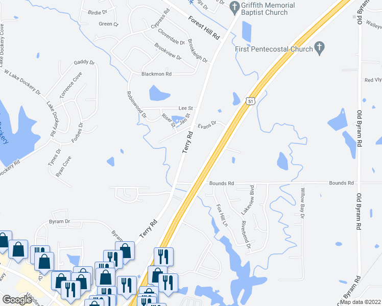 map of restaurants, bars, coffee shops, grocery stores, and more near 5552 Terry Road in Byram