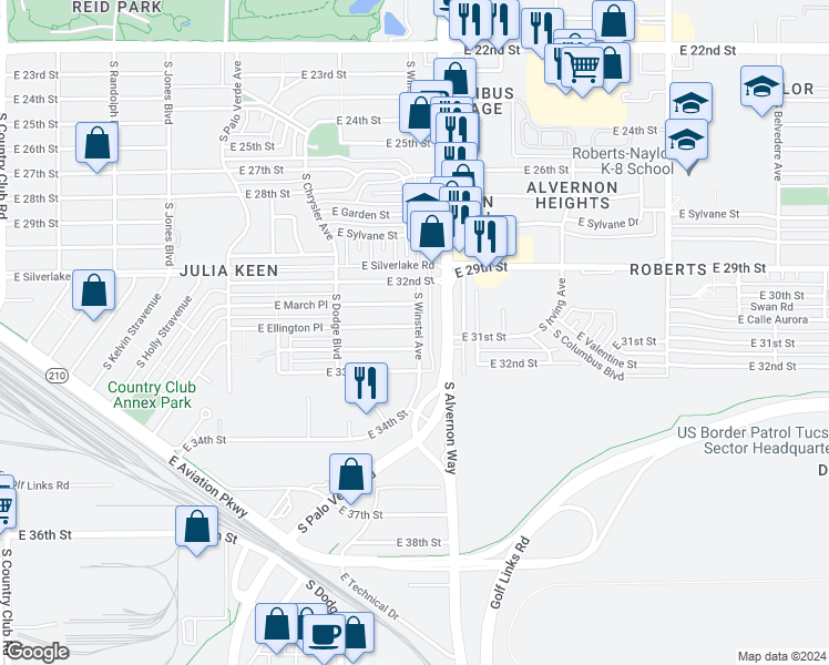 map of restaurants, bars, coffee shops, grocery stores, and more near 3814 East Ellington Place in Tucson