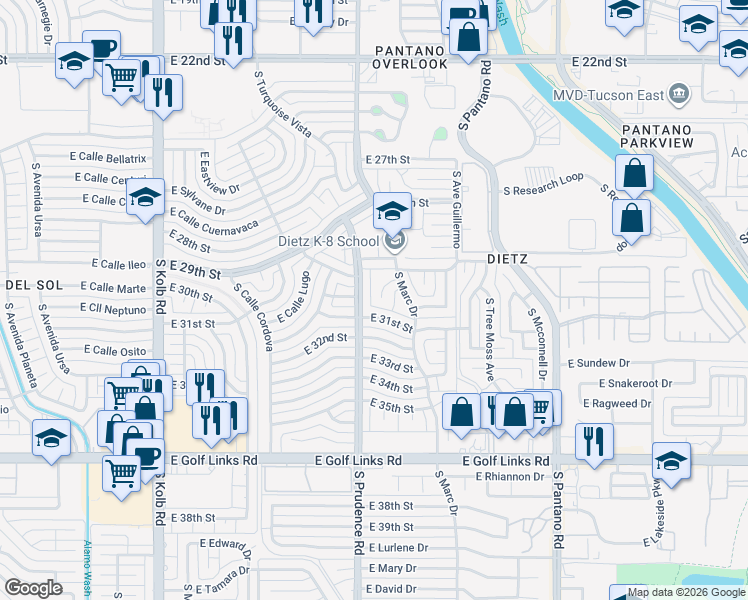 map of restaurants, bars, coffee shops, grocery stores, and more near 2017 South Prudence Road in Tucson