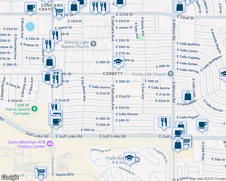 map of restaurants, bars, coffee shops, grocery stores, and more near 5859 East 31st Street in Tucson