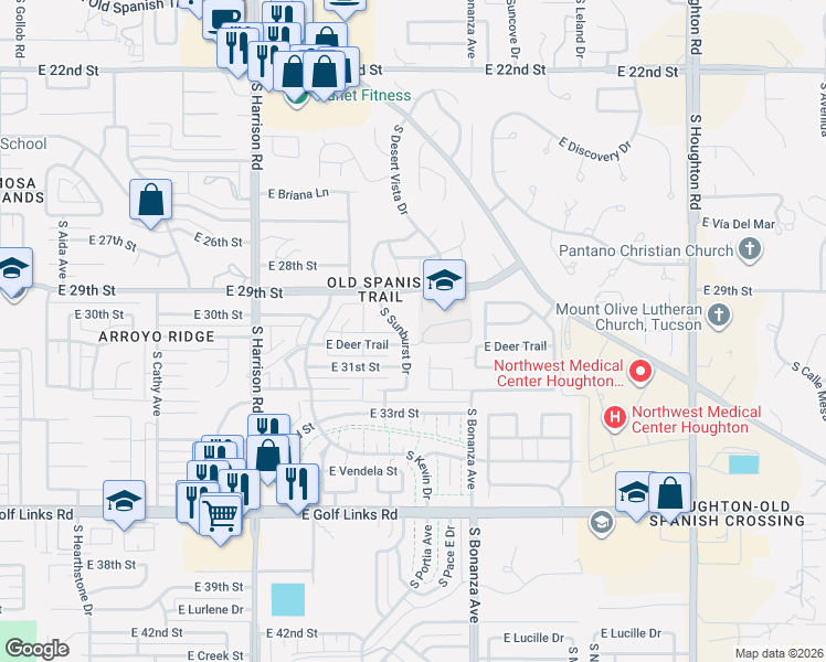 map of restaurants, bars, coffee shops, grocery stores, and more near 9755 East Deer Trail in Tucson
