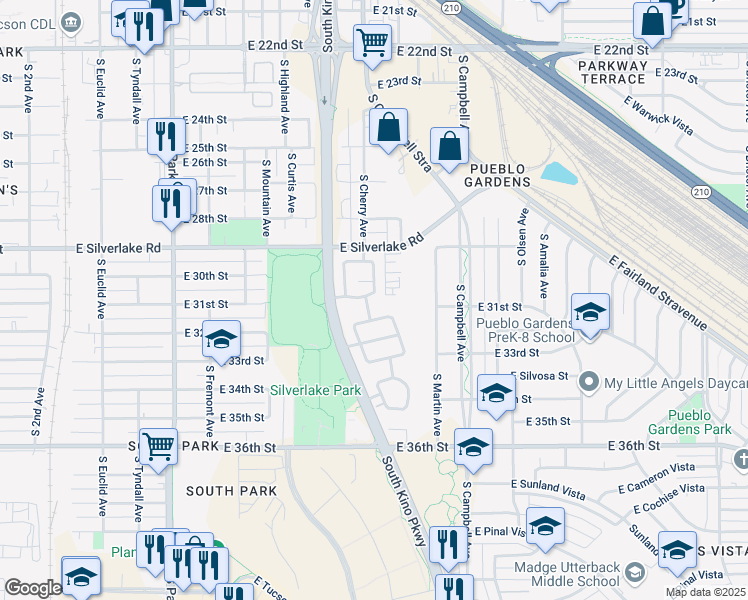 map of restaurants, bars, coffee shops, grocery stores, and more near 1680 East Saint Jerome Street in Tucson