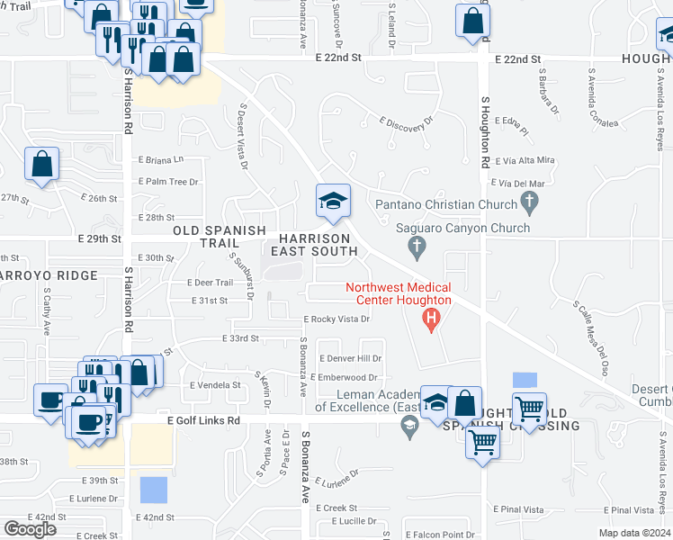 map of restaurants, bars, coffee shops, grocery stores, and more near 9960 East Star Vista Drive in Tucson