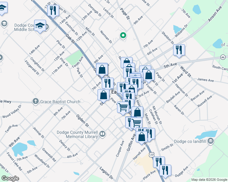 map of restaurants, bars, coffee shops, grocery stores, and more near Oak Street in Eastman