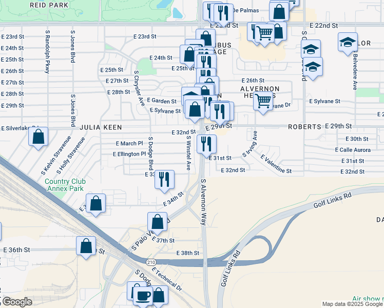 map of restaurants, bars, coffee shops, grocery stores, and more near 2163 South Winstel Avenue in Tucson