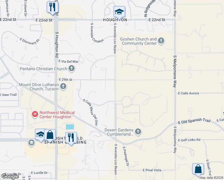 map of restaurants, bars, coffee shops, grocery stores, and more near 2060 South Avenida Los Reyes in Tucson