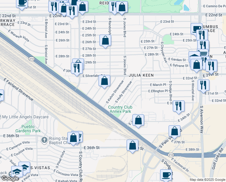 map of restaurants, bars, coffee shops, grocery stores, and more near 2202 South Kelvin Stravenue in Tucson