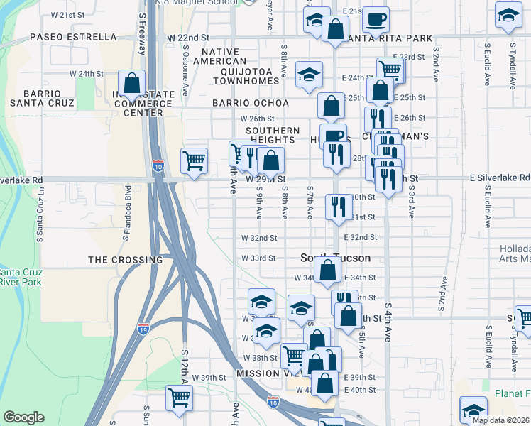 map of restaurants, bars, coffee shops, grocery stores, and more near 249 West 31st Street in Tucson