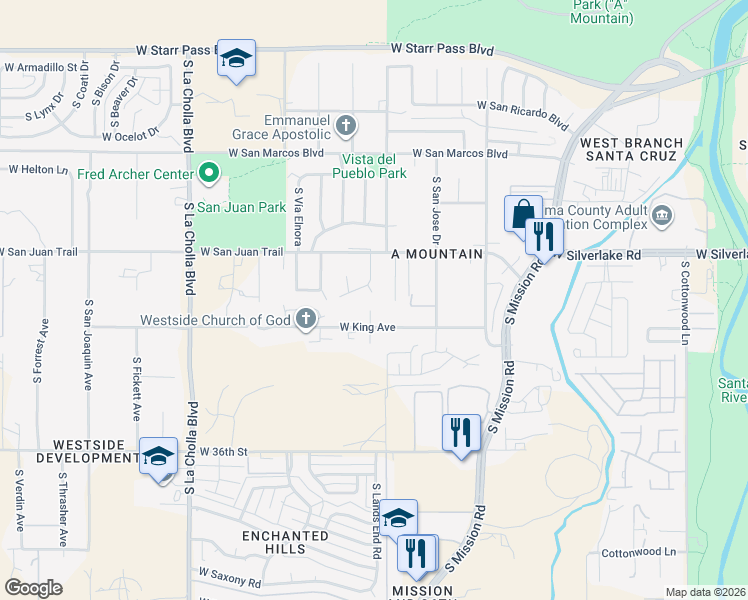 map of restaurants, bars, coffee shops, grocery stores, and more near 2047 South Rufus Drive in Tucson