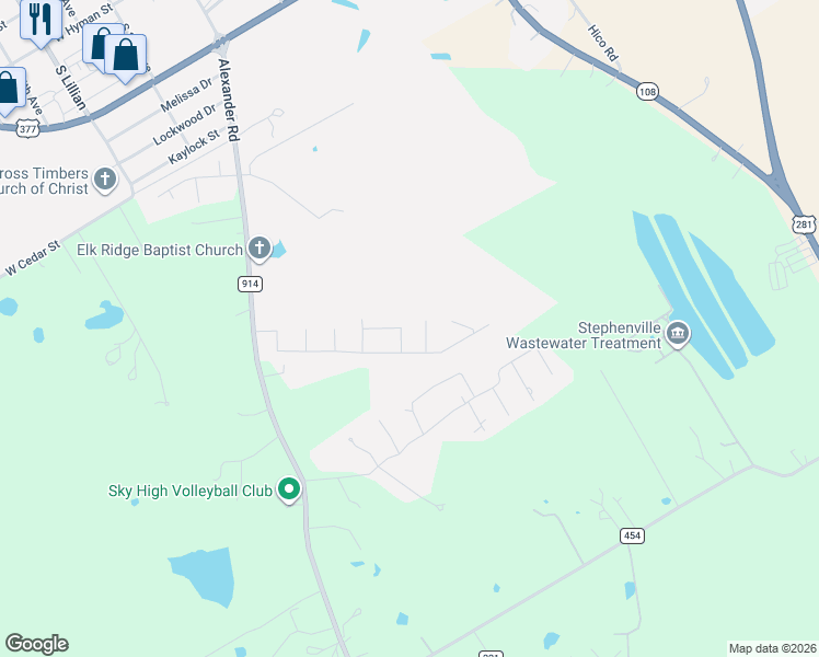 map of restaurants, bars, coffee shops, grocery stores, and more near 931 Elk Ridge Drive in Stephenville
