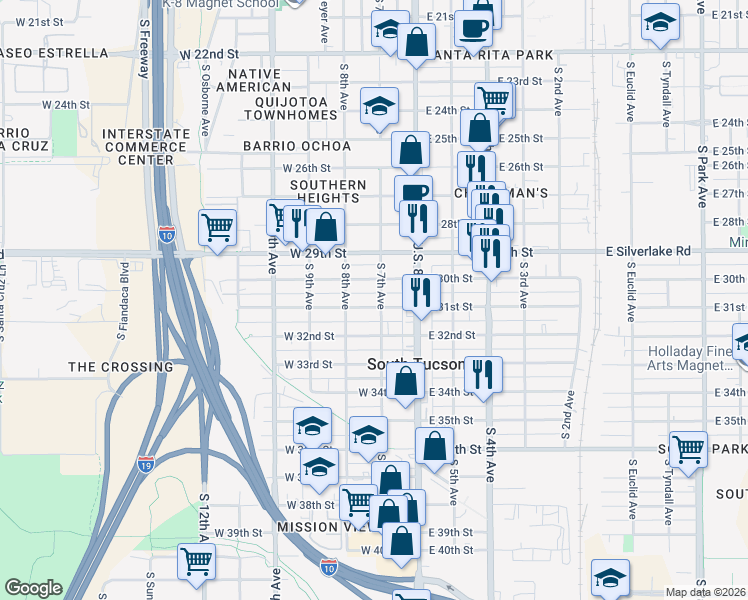 map of restaurants, bars, coffee shops, grocery stores, and more near 101 West 31st Street in Tucson