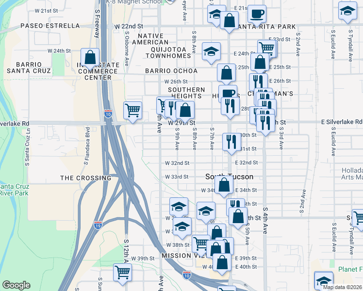 map of restaurants, bars, coffee shops, grocery stores, and more near 249 West 31st Street in Tucson