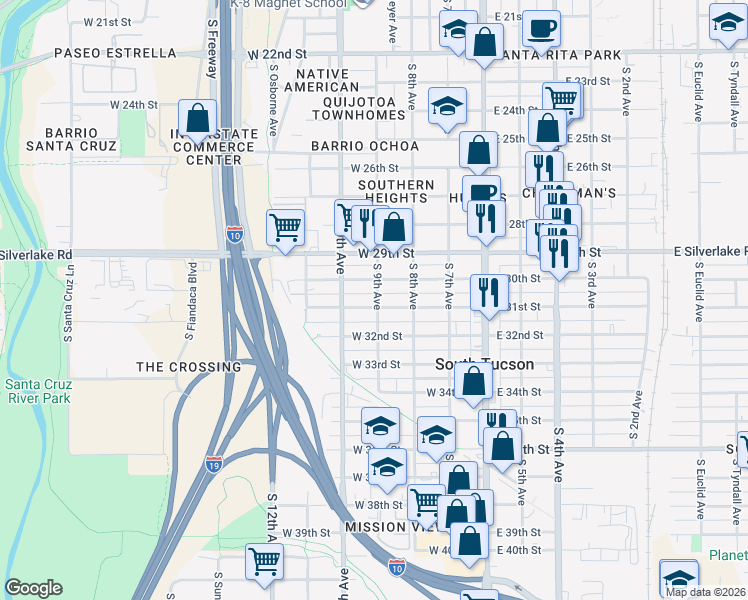 map of restaurants, bars, coffee shops, grocery stores, and more near 249 West 31st Street in Tucson