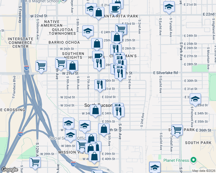 map of restaurants, bars, coffee shops, grocery stores, and more near 143 East 31st Street in Tucson